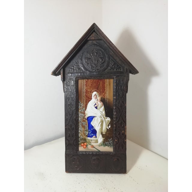 Maison De Cluny, Devotional Shrine Grand Tour Madonna of the Olives, 19th Century, Ceramic, Cow Leather & Walnut For Sale - Image 3 of 14