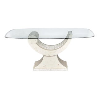 Curved Tessellated Stone Pedestal Dining Table With Oval Glass Top For Sale