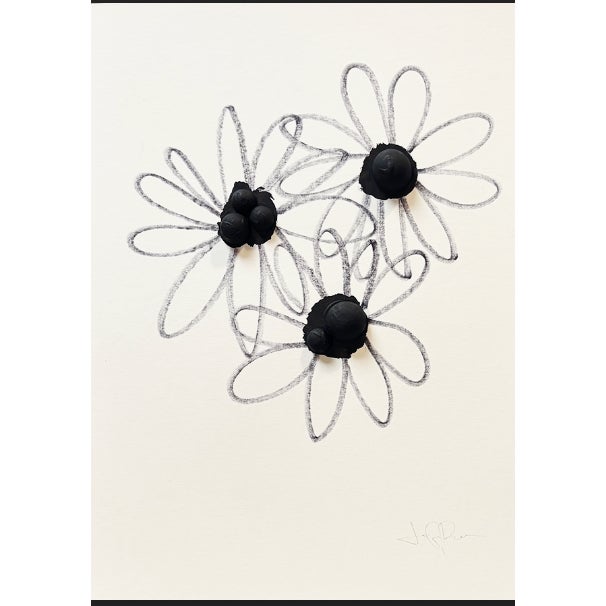 Original abstract floral ink drawing in black and white on paper. Organic daisy-inspired forms with expressive linework...