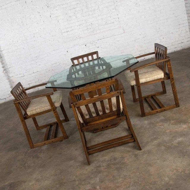 Handsome original StavOak dining table or game table and glass top with four (4) chairs designed by Jobie G. Redmond and...