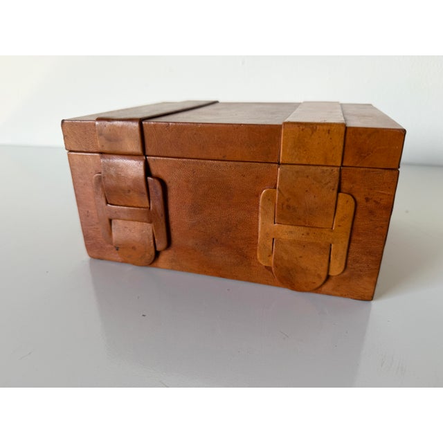 Mid-Century Modern Vintage Brown Leather Decorative Box With Geometric Strap Detail For Sale - Image 3 of 12