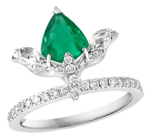 1.2 Ct Finest Zambian Pear Emerald & 1 Ct Diamond Ring in 18 Kt Gold Size 6.5