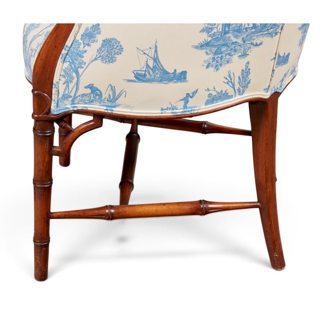 Blue & Cream Toile Faux Bamboo Walnut Bergère Chair, Georgian Style, Mid-20th Century For Sale In Los Angeles - Image 6 of 8