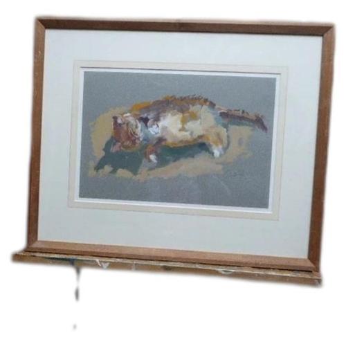 Caroline Duckworth King, Reclining Cat, 1970s, Oil Painting on Paper, Framed For Sale - Image 14 of 14