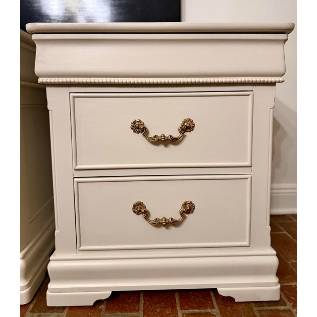 Pair of Three-Drawer Traditional Nightstands in Natural Linen For Sale - Image 10 of 11