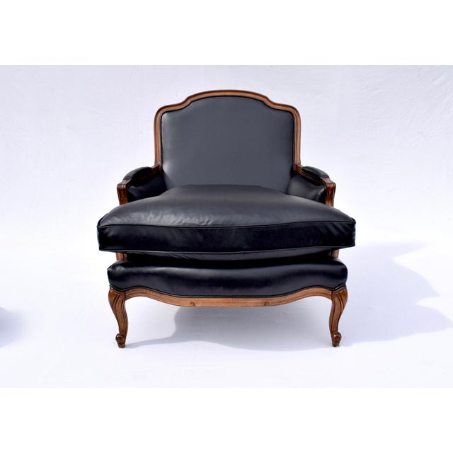 Maison Jansen Louis XV French Black Leather Bergere Lounge Chair For Sale - Image 4 of 10
