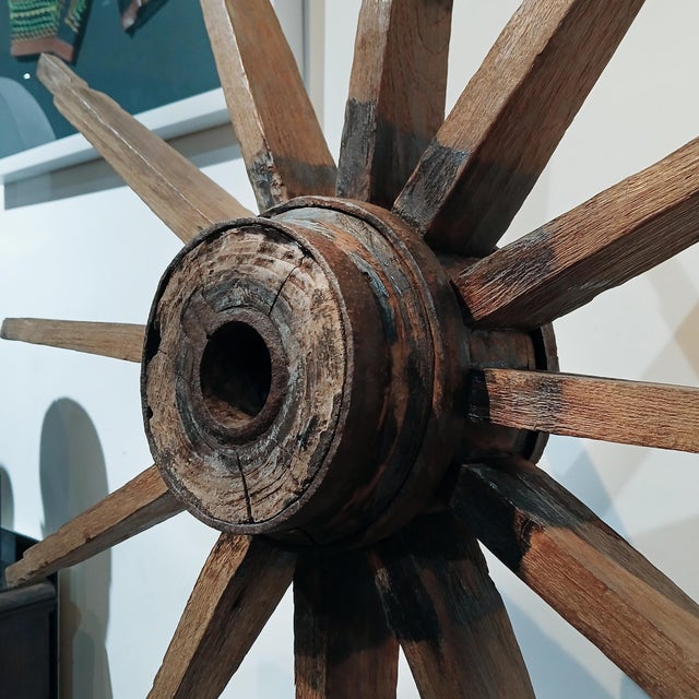 19th Century Wooden Wagon Wheel on Stand, Indonesia For Sale - Image 13 of 18