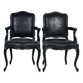 Black Faux Crocodile & Glossy Black Louis XV Style Armchairs — A Pair For Sale