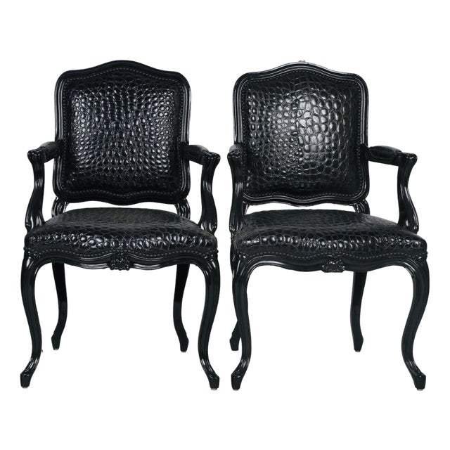 Black Faux Crocodile & Glossy Black Louis XV Style Armchairs — A Pair For Sale