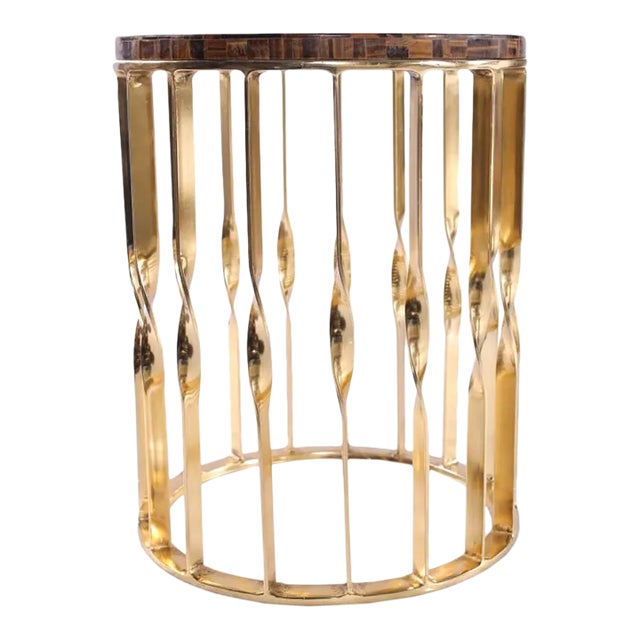 Rare Golden Tiger Eye Gemstone Luxe Side Table With Designer Brass Finish Base For Sale