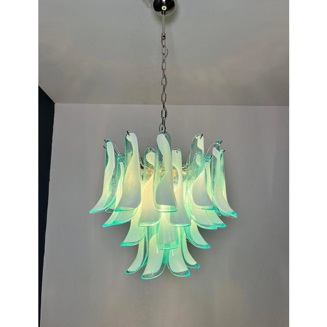 Italian Murano Style Chandelier, 36 Lattimo Turquoise Glass Petals, Mazzega Style For Sale - Image 12 of 12