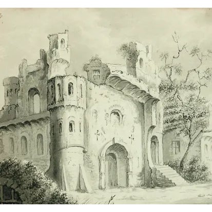 Charming watercolour c1828 (LR) depicting two men viewing a decaying structure in a wooded landscape! Image Sz: 10 1/2H x...