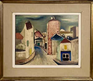 Charles Chartier, Charles Chartier 1951 French Cubist Modernist Oil Painting Surreal Paris Village, 1951