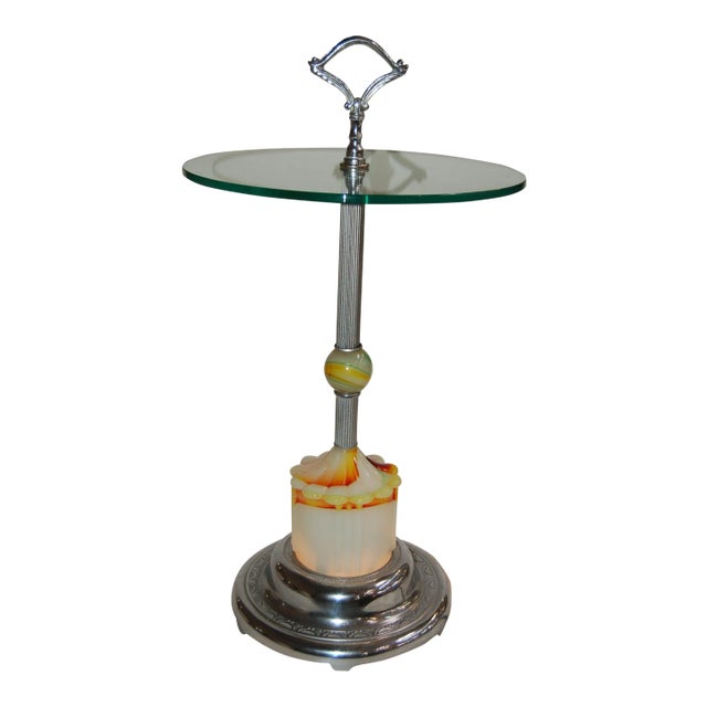 Art Deco Agate Glass and Chrome Lightup Illuminating Side Table For Sale