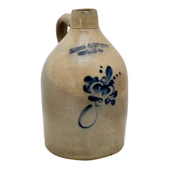 Scarce Antique American Blue Decorated Stoneware 1 Gallon Jug From Historic Portland Maine Merchant Kendal & Whitney For Sale