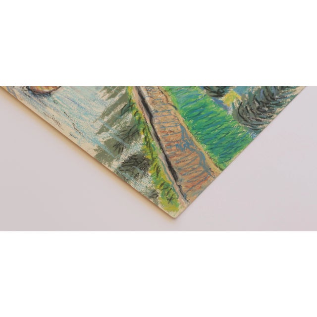 1950s Mid-Century Swedish Folk Art Original Oil Pastel Painting, Canal With a Rowboat and Greenery For Sale - Image 4 of 18