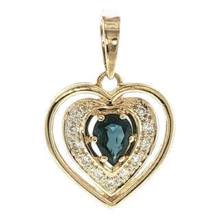 Late 20th-Century 14k Yellow Gold Natural Sapphire and Diamond Heart Pendant For Sale