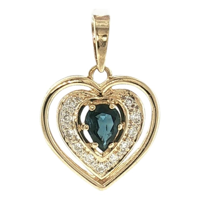 Late 20th-Century 14k Yellow Gold Natural Sapphire and Diamond Heart Pendant For Sale