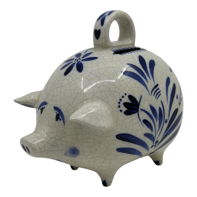 Vintage Blue and White Delft Style Ceramic Pig Piggy Bank For Sale