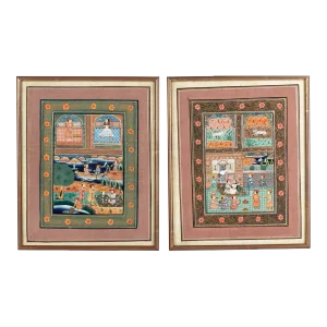 Mid 20th Century Persian Miniature Silk Paintings, Framed - Set of 2