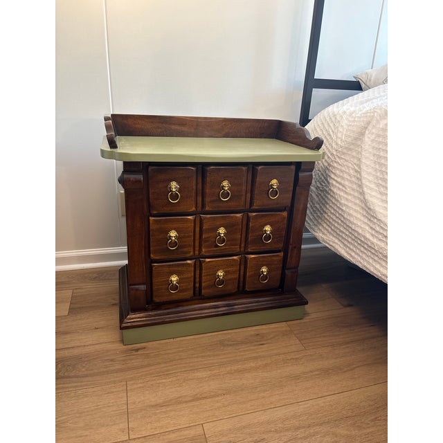 Vintage Lion 3-Drawer Nightstand - Dark Wood, Olive Sage Green, Gold Pulls For Sale - Image 9 of 12