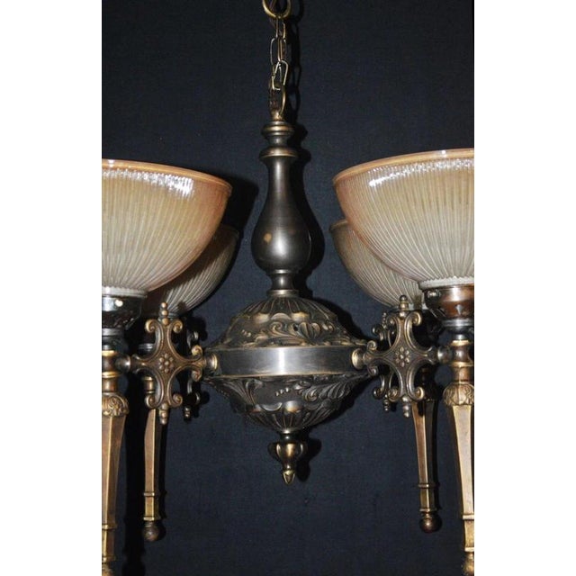 Mid-Century Modern Four-Light Bronze Chandelier with Holophane Prismatic Glass Shades, 1950s For Sale - Image 17 of 18