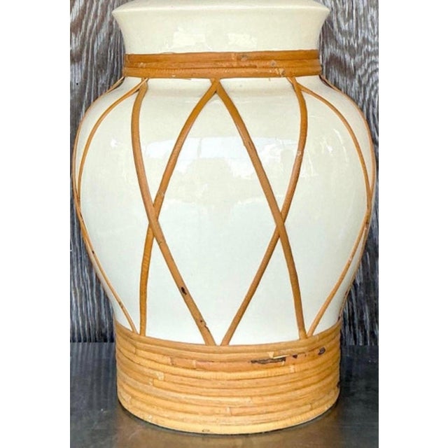 Vintage Ceramic and Rattan Table Lamps - Pair For Sale - Image 9 of 14