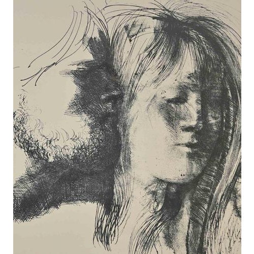 Lovers is a modern artwork realized by Emilio Greco in 1970s. Black and white photolithograph. Hand signed and numbered on...