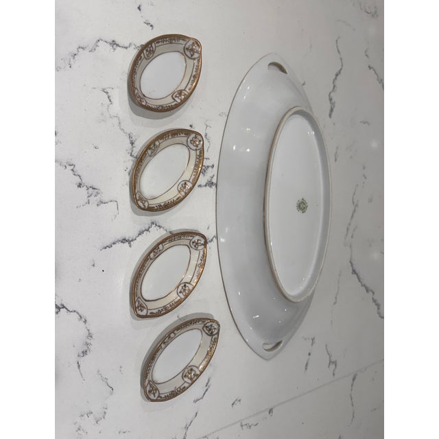 Ceramic Antique Nippon Hand-Painted Porcelain Celery Bowl & Salt Cellars, Set of 5 – Morimura Brothers, C. 1910–1921 For Sale - Image 7 of 9