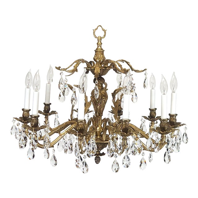 Antique 10 Arm Big Brilliant Bold Beautiful Brass Cut Lead Crystal Chandelier For Sale