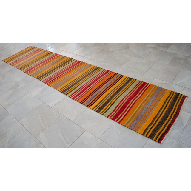1960s 1960s Vintage Runner Rug Turkish Handmade Striped Hallway Decor - 2'6" X 11'6" For Sale - Image 5 of 12