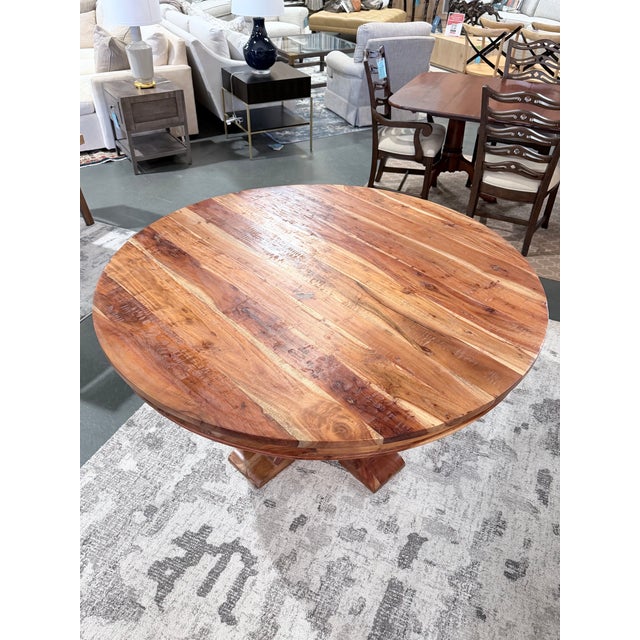 Rustic Vintage Solid Wood Round Pedestal Dining Table For Sale - Image 3 of 8