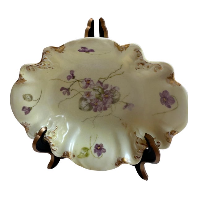 Antique 1900s Limoges France Handprinted Floral Scalloped Edges Gold Trim Serving Dish 7" For Sale