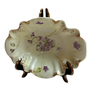 Antique 1900s Limoges France Handprinted Floral Scalloped Edges Gold Trim Serving Dish 7"