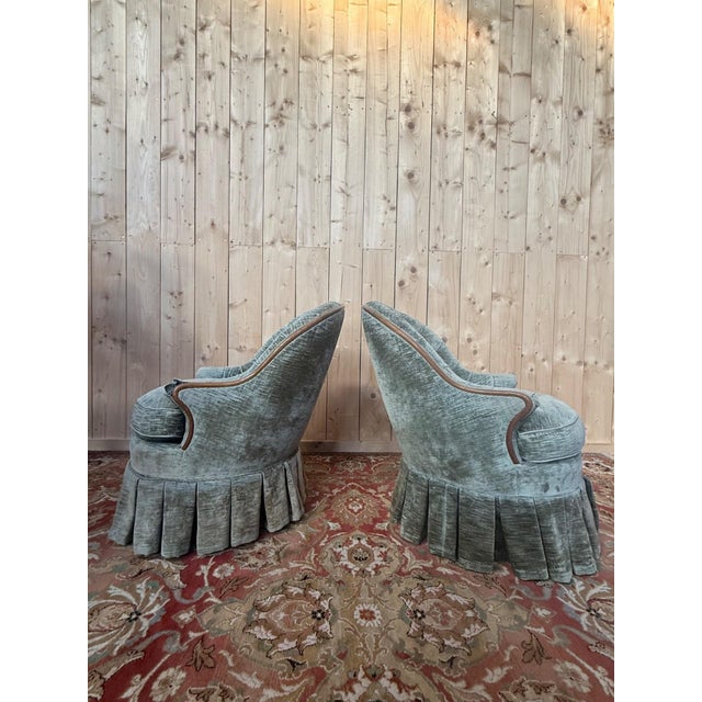 Napoleon III Toadstool Lounge Chairs in Blue-Grey Velvet, Set of 2 For Sale - Image 3 of 8