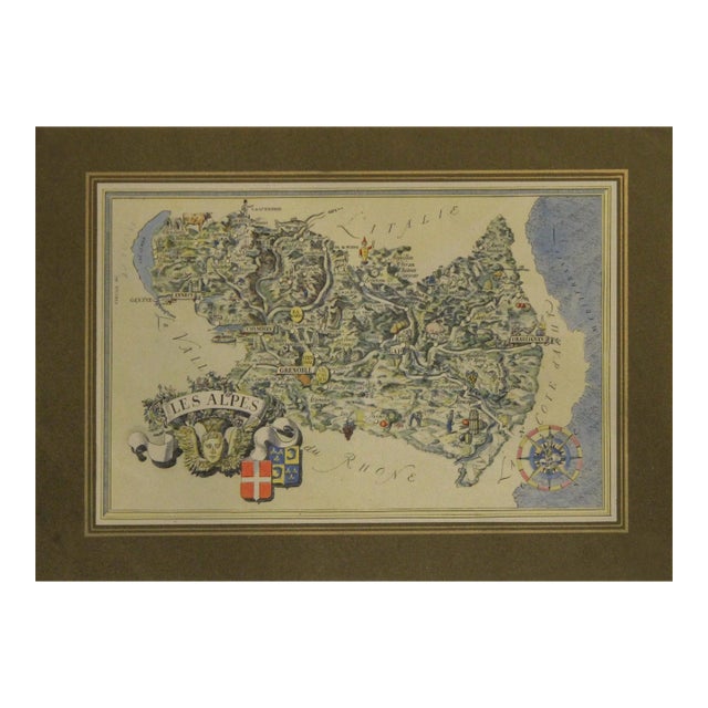 1960's French Vintage Mini Map, Les Alpes For Sale