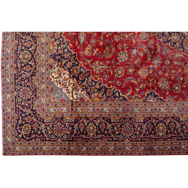 Persian 1960s Vintage Persian Kashan Handmade Red Floral Wool Rug For Sale - Image 3 of 7