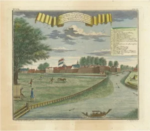 J.W. Heydt, Batavia Castle and Parade Ground, 1738, Hand-Coloured Engraving
