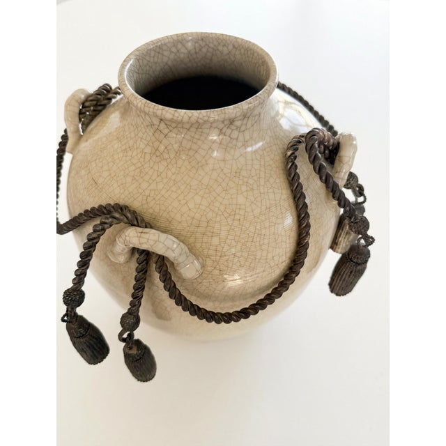 Neoclassical Vintage Italian Crackled Ceramic Vase With Bronze Draped Tassels For Sale - Image 3 of 3