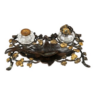 Art Nouveau French Ivy Inkstand with Glass Inkwells, 1900s For Sale