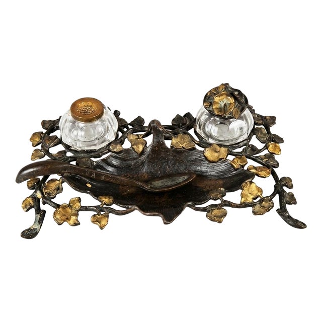 Art Nouveau French Ivy Inkstand with Glass Inkwells, 1900s For Sale