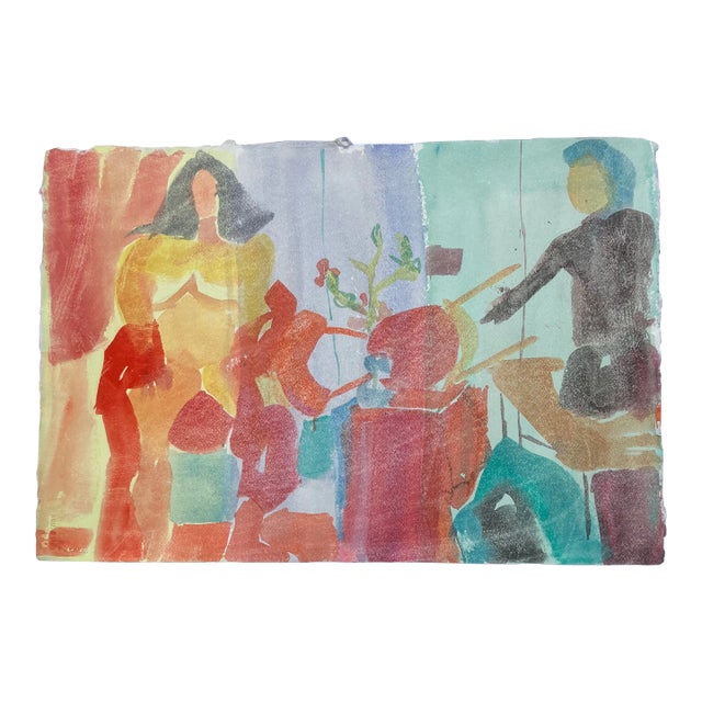 1980’s Original Abstract Female Nude Figure & Figure in Interior Watercolor Painting For Sale