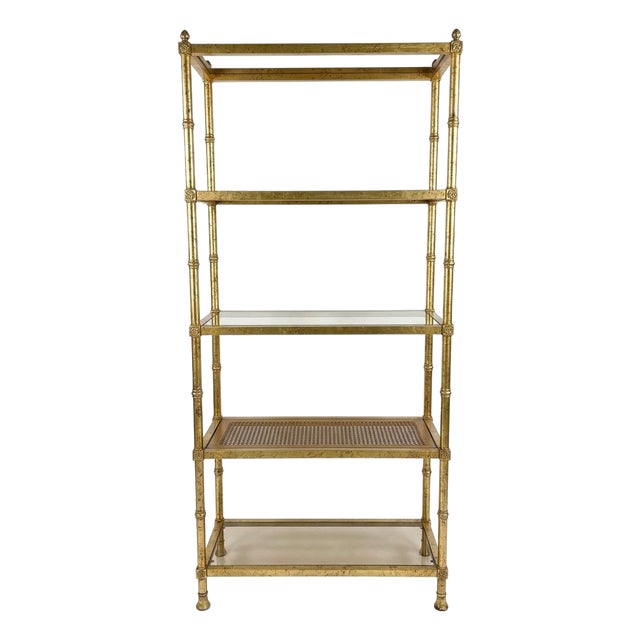 Vintage 1970s Italian Gold Gilt Hollywood Regency Faux-Bamboo Étagère For Sale