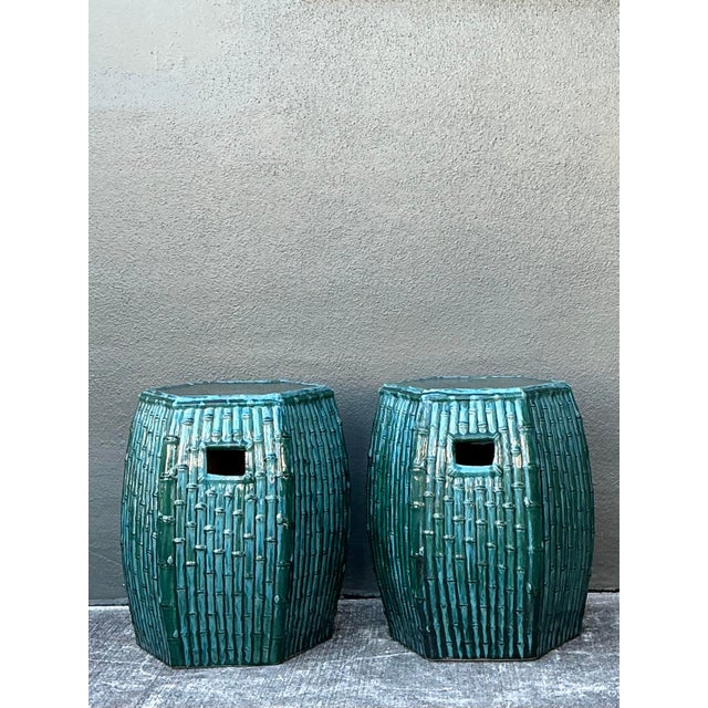 This striking pair of vintage garden stools brings a bold, tropical elegance to any interior or covered outdoor space....