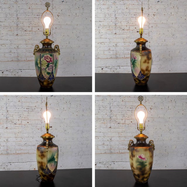 Early 20th Century Floral Table Lamp Hand Painted Porcelain Style of Royal Nippon Black Bell Shade For Sale - Image 15 of 18