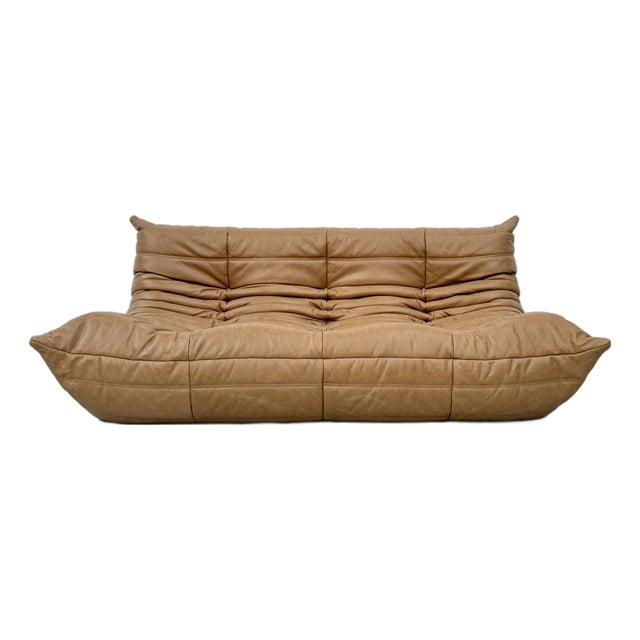 French 3-Seater Togo Sofa in Camel Leather attributed to Michel Ducaroy for Ligne Roset For Sale
