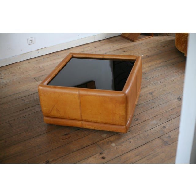 Vintage Coffee Table in Leather and Black Glass, 1970s For Sale - Image 12 of 16