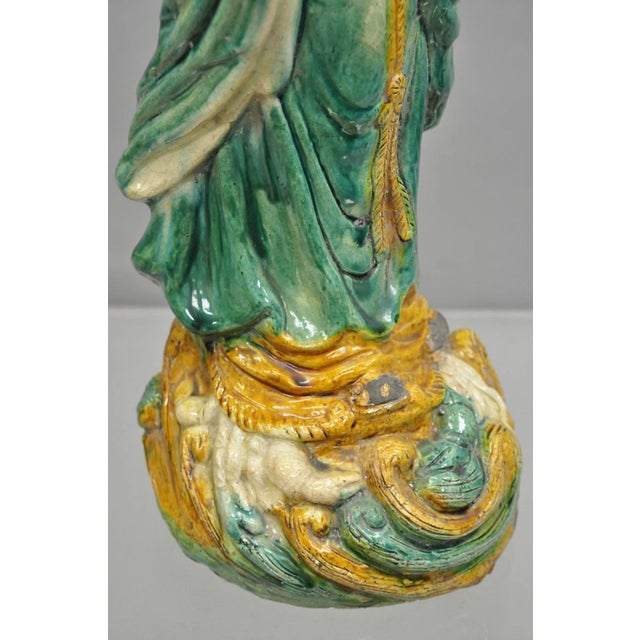 Late 19th Century Antique Chinese Green Sancai Glazed Pottery 21" Guanyin Sculpture Figure For Sale - Image 4 of 12
