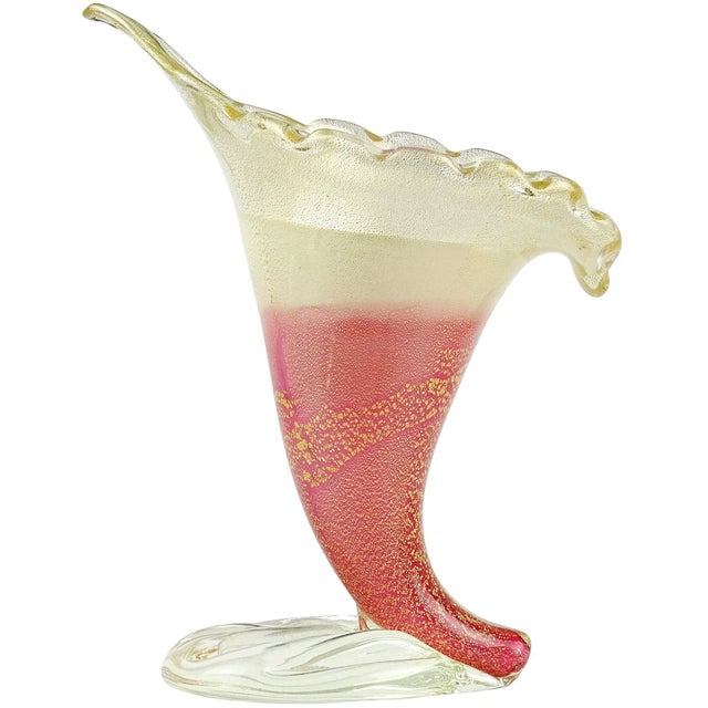 Glass Vintage Murano Dino Martens Gold Flecks Pink White Italian Art Glass Midcentury Footed Flower Vase For Sale - Image 7 of 7