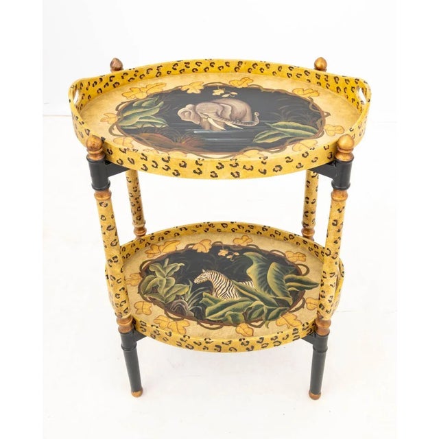 Safari Motif Paint-Decorated 2-Tier Tray Top Folding Table, one tray with elephant and one a zebra, the frame with leopard...